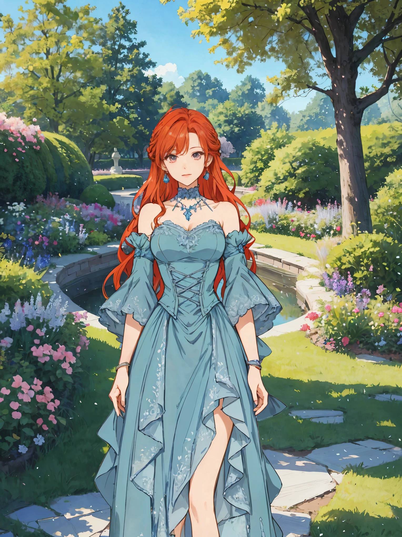 Anime girl in a blue dress walks in the garden, Kushart Krenz Kay Art for women, cute anime waifu in a beautiful dress, maiden with copper hair, beautiful girl, official character art, anime curvy john 8k forest, Drawn by Anime Painter., Official character art, made in an anime artist's studio, anime key visual elegance, official art
