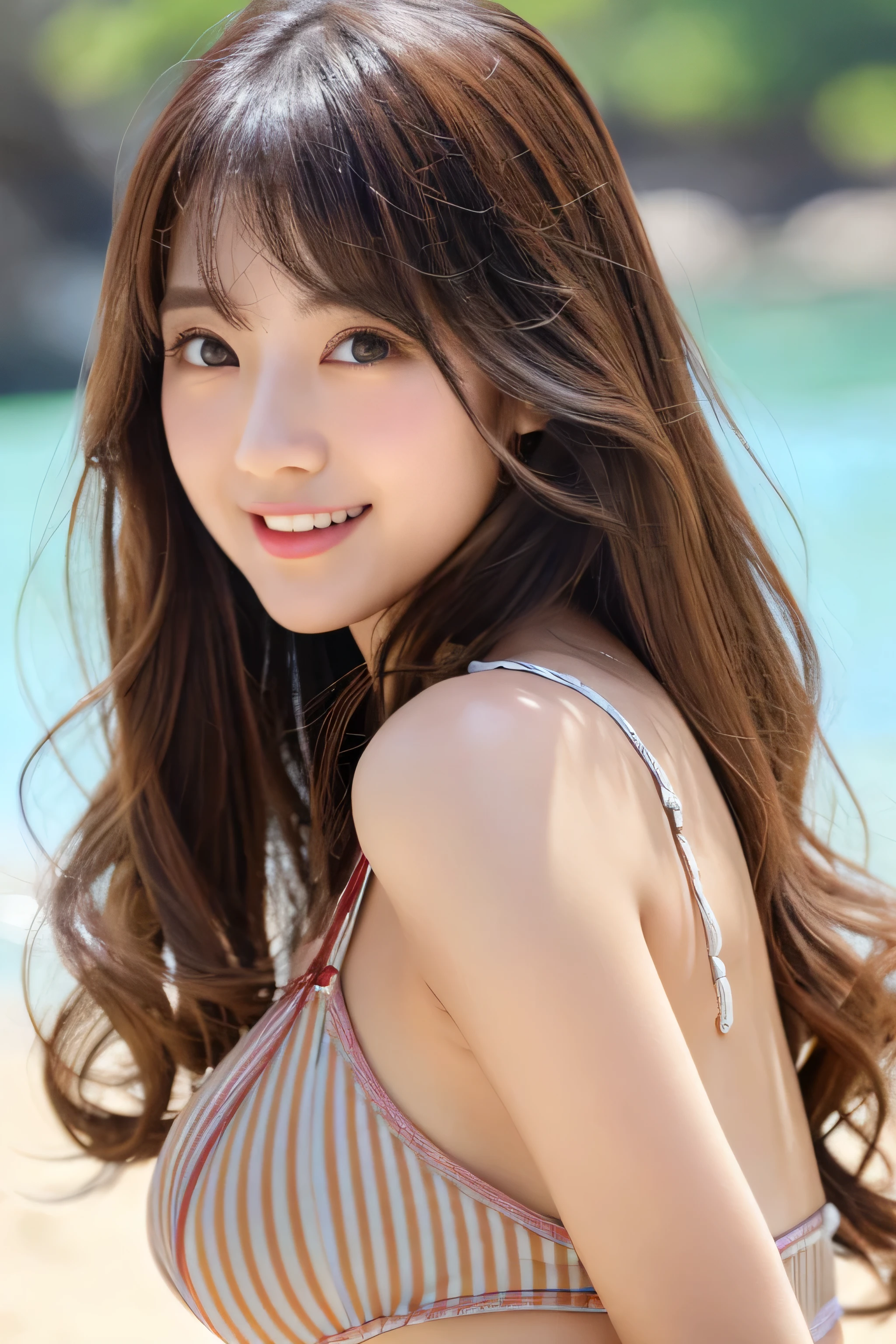 NSFW、highest quality、High resolution、realistic pictures、20 year old Asian girl、one person、Very cute、small face、triangular face、small pointed chin、Triangular typhoon、short jaw、very big eyes、double eyes、brown eyes、long eyelashes、Conspicuous large tear bags、drooping eyes、Big Lips、bright red lipstick、swimsuit、gorgeous、Gentle atmosphere、chestnut hair、Voluminous wavy hair、Waist-length hair、Bangs that extend to the eyes、big breasts、constriction、fleshy、sexy、sexy pose、Height: 163 cm、sandy beach、smile、