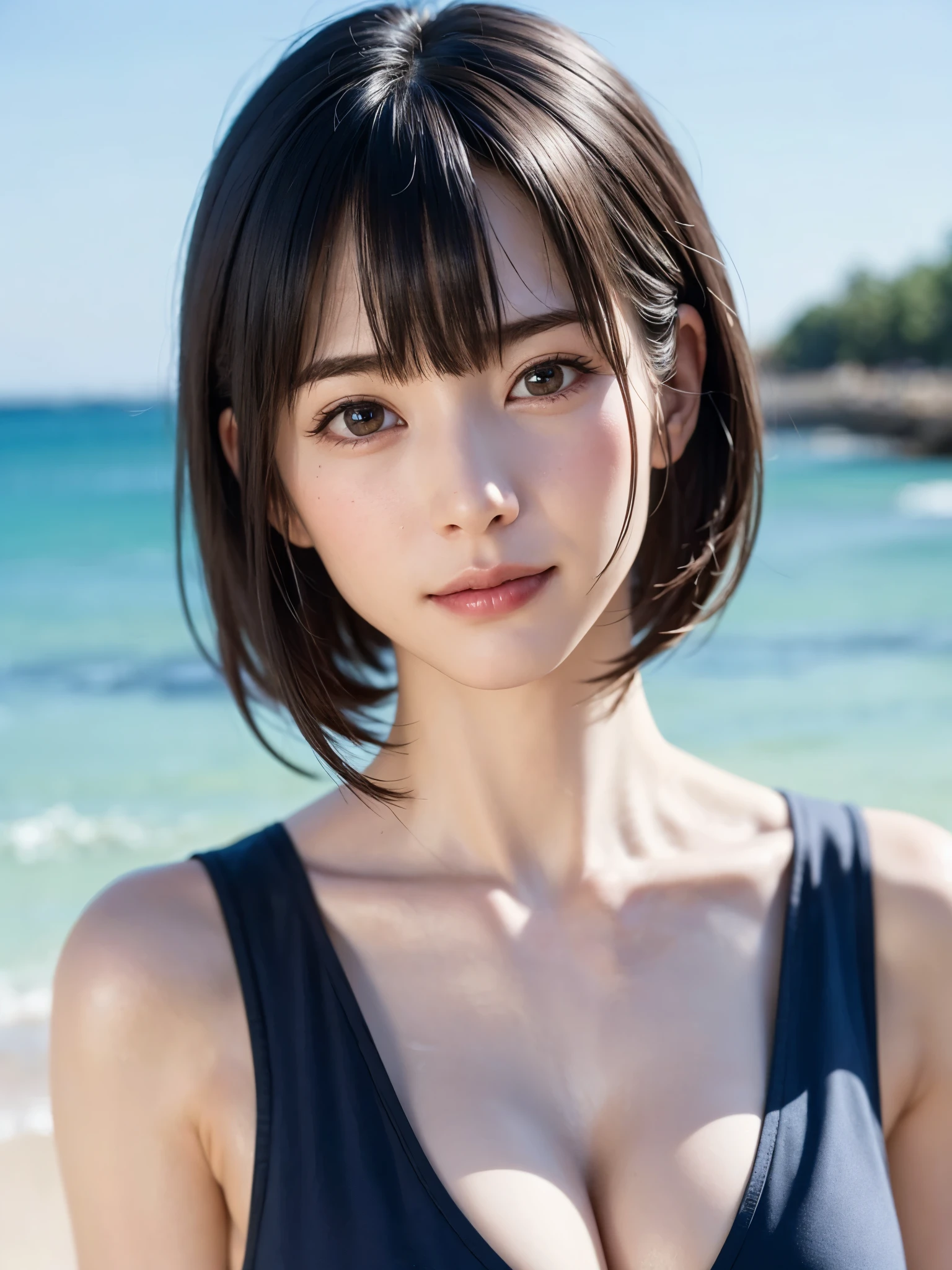 1 girl、highest quality、realistic、alone、Depth of written boundary、natural soft light、daytime、charm、beautiful face、cleanliness、pure face、white skin、cute、short hair、bangs、beach、Light of the sun、Nedium Breast Body Esbian、((セーター黄金比のbeautiful face 対称性のあるbeautiful face))、long neck、show me your ears、bangsのあるきれいな短いボブヘア、smile with your mouth closed、perfect hands指、perfect hands、perfect body、perfect face、Shine a light into your eyes、perfect anatomy:1.4、とてもcuteスーパーモデル:1.4、{Huge|big|Hugeな|mega} chest, cleavage、Smile:1.6、Very beautiful teeth:1.6