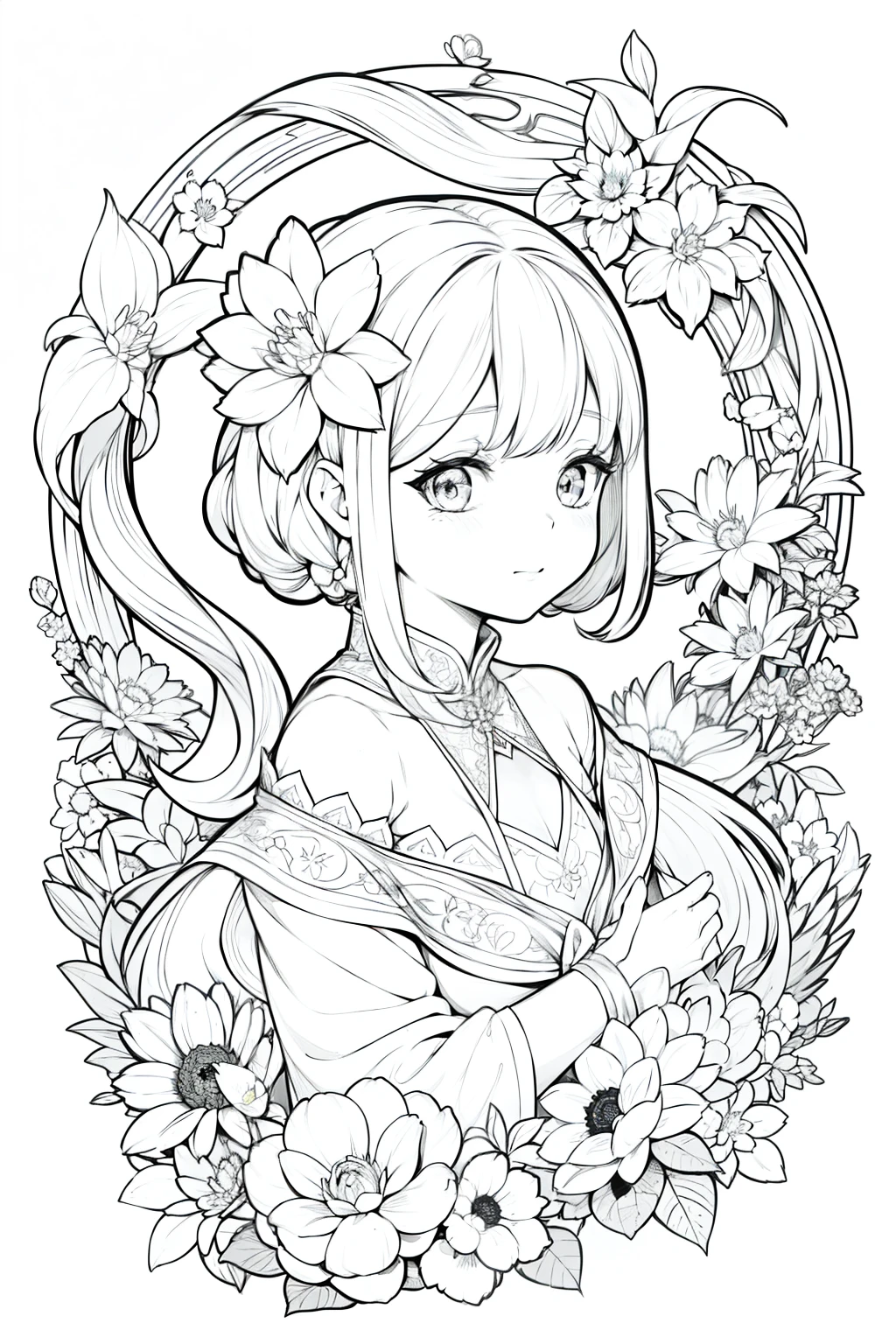 Obra maestra, superlativo,solamente, Dragon cute , flower line drawing background, fondo blanco, monocromo, line drawing, ((bosquejo)), spooky, white eyes,