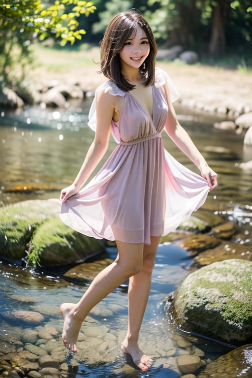  highest quality、Super detailed,、finely、High resolution、beautiful eyes、short hair、hair fluttering in the wind、brunette hair、Standing in the creek、19 year old beauty、Full body photo、cute smile、face light、sheer pink dress、eight-headed body、Kicking up water with feet、sexy pose、gravure