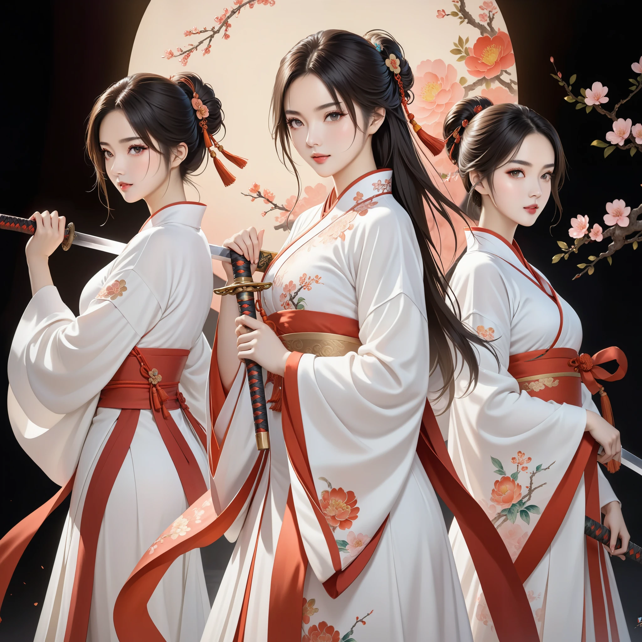 Girls couple. The first woman is tall, dominant woman, tanned, long straight black hair, athletic build. The other woman is submissive woman, short stature, Pale skin, long straight white hair, slender or fragile build. Feudal Japan. Kimono dressed