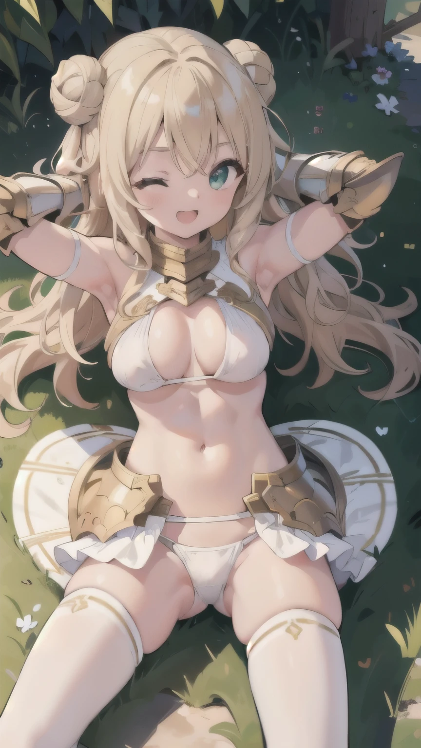 (masterpiece:1.2), (highest quality:1.2), perfect eyes, perfect face, perfect lighting, sunlight, outdoor, desert, 1 girl, blonde, yellow-green eyes, one eye closed, (((wavy hair))), bun_head, medium hair, ((((white bikini armor)))), cute eyes, open mouth, ((from above)), ((front)), arms behind head , ((spread legs)), ((smile)), spoken heart, nipple, abs, ((big breasts)), skirt, Thighhighs