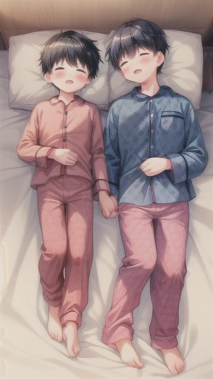 A 30 years old father and a ten years old son are sleeping side by side, The father is lying on his back with his face facing upwards, The son is lying on his back with his face facing upwards, (((full body))), (((The father is not covered with a comforter))), (((The son is not covered with a comforter))), The father is wearing pajamas, The son is wearing pajamas,