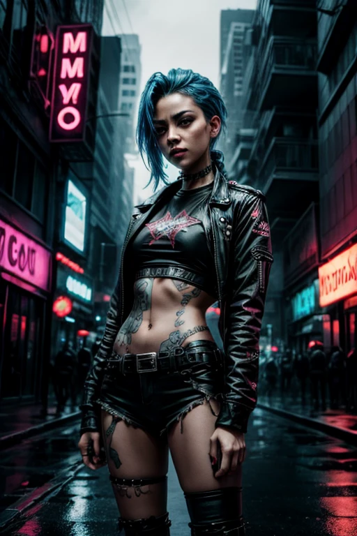 artistic photograph of a cyberpunk prostitute, full body shot, extremely detailed, centered, intricate neon slums in the background, high resolution, hyperdetailed, soft lighting, film grain