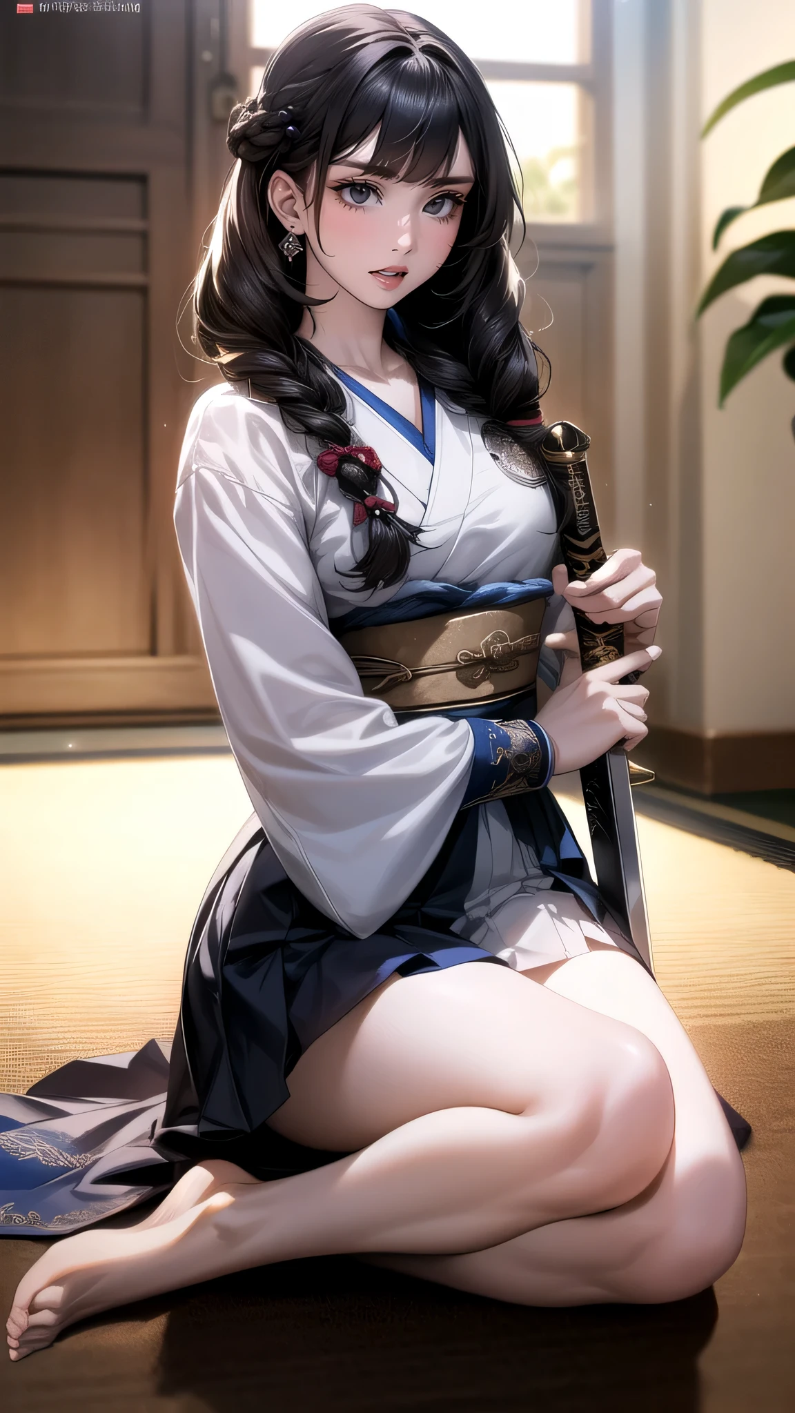 (((Perfect figure,figure,long sleeves, japanese clothes, kimono, haori, black kimono, hakama, black hakama,(((Hyūga Hinata, Long hair, braid, Black hair, (purple eyes:1.1), hair braid, ))),(((wide hips))),S-shaped figure:1.7))),((masterpiece)),high resolution, ((Best quality at best)),masterpiece,quality,Best quality,((( Exquisite facial features,looking at the audience,There is light in the eyes,blush,Happy))),(((Interlacing of light and shadow,huge ))),(((looking into camera,fighting stance,holding knife in hand)).