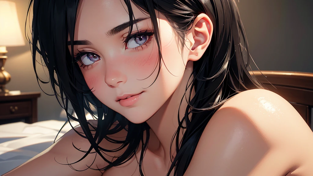 highly detailed, (SFW), portrait, 1 woman,  black hair, nude, (perfect_Face), boundary, close up, mad, exist_Back, Gorgeous, complex, dramatic lighting, detailed_Background, full_Body, Best hair quality, Extra super detailed eyes, Extra high facial detail, side_body, eye reflection, focus on eyes, detailed top eyelashes, high textured skin, (low exposure:1.2), in bed, (after doing something:1.4), (sweat), (steam), (tired), heavy breathing, Smile, (light blush), temptation, flirtatious, atmospheric perspective, caustics, 8K, masterpiece