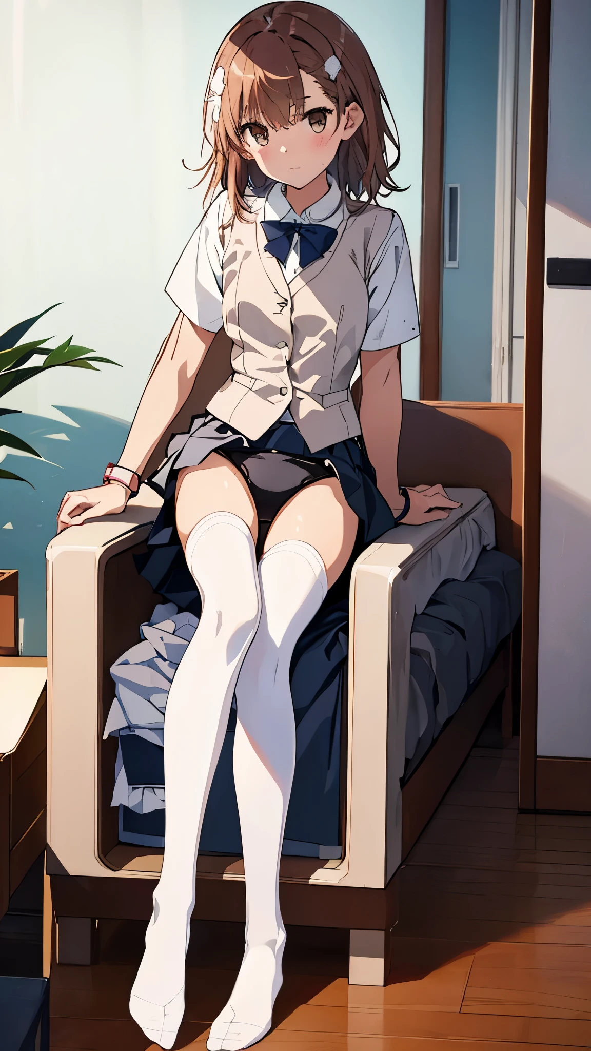 mikoto rose、mikoto rose、Mature and slender body type1people's japan181 girl、alone、slightly disheveled hair、whole body from head to feet、Composition from slightly below、sit facing forward、M-shaped spread legs、holding my legs、、High school girl in underwear、white bra、white panties、black pantyhose、(black_pantyhose):1.2)、Show white panties through stockings、I don't have shoes、Bedroom、in the room、daytime、blush、looking at the viewer、Panty shot、Composition from the front、looking at the viewer、I can see white pants