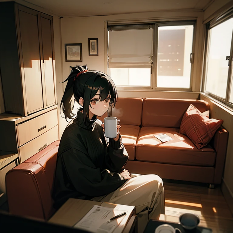 woman、black hair、ponytail、sweater、Mug、room、sofa、clock