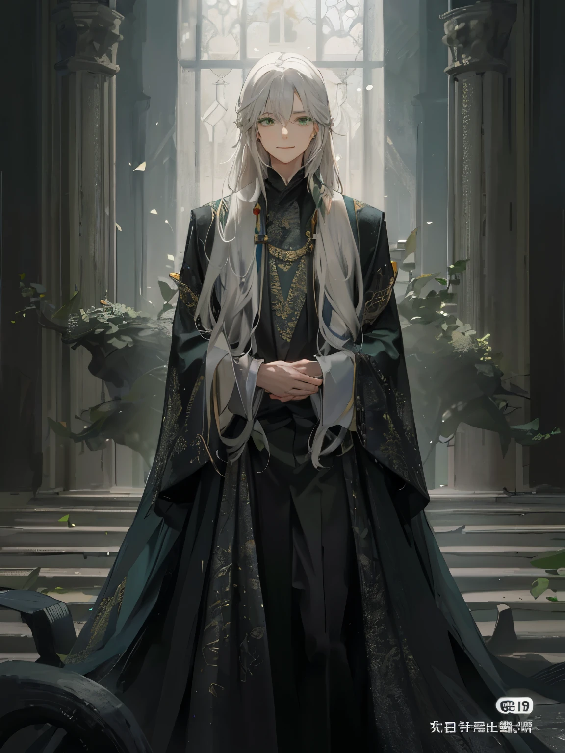 grown man, long white hair, green eyes, scientist, green robes with ornaments, very thin, slim, kind expression, cunning, beautiful, small smile