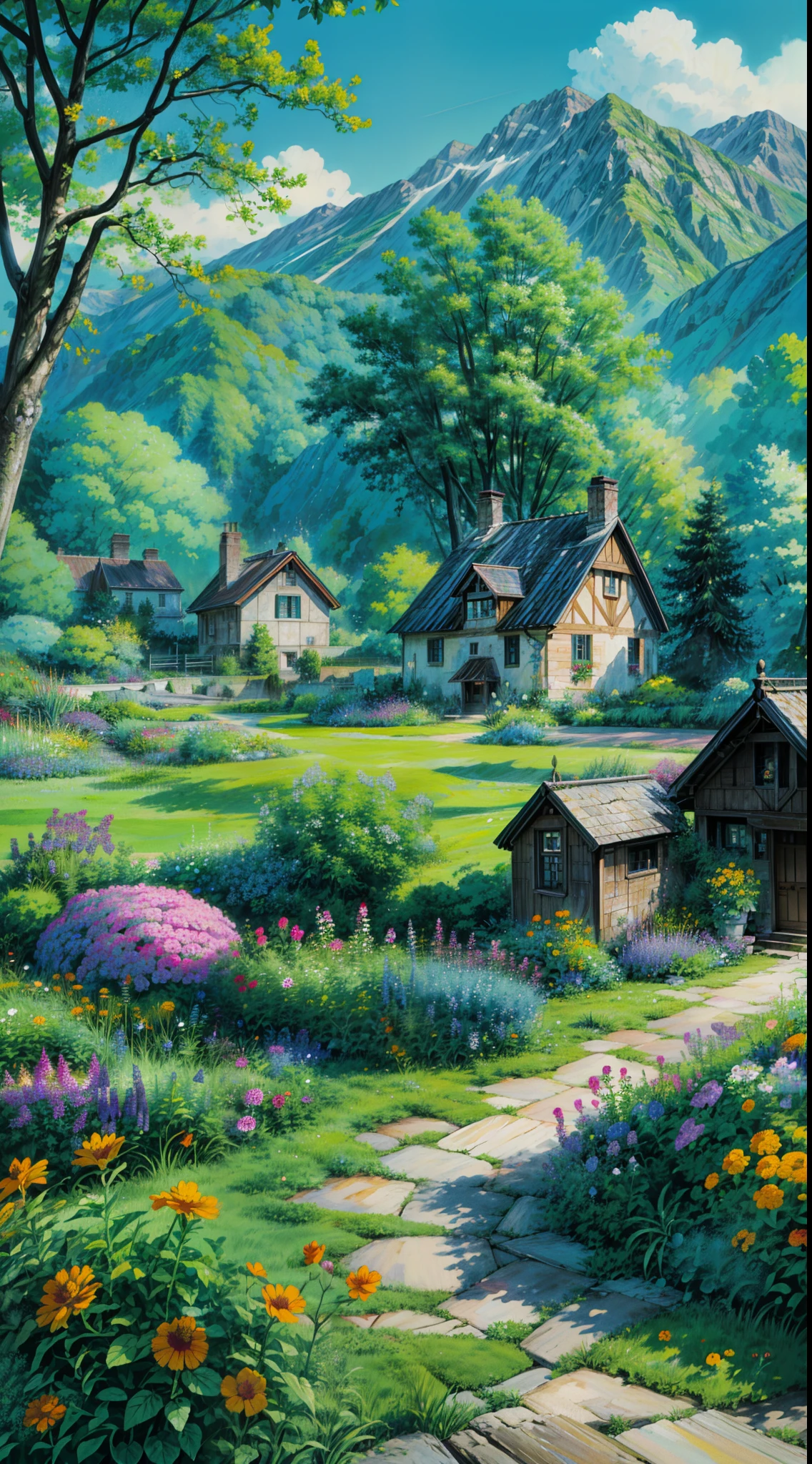 a garden with a wheelbarrow full of flowers, marigold background, garden with flowers background, with colorful flowers and plants, beautiful isometric garden, background of flowery hill, garden background, royal garden background, garden with flowers, background art, sunny day background, cottagecore flower garden, house background, garden landscape, flower garden, home and garden, 4k hd,, beautiful art uhd 4 k, a beautiful artwork illustration, beautiful digital painting, highly detailed digital painting, beautiful digital artwork, detailed painting 4 k, very detailed digital painting, rich picturesque colors, gorgeous digital painting