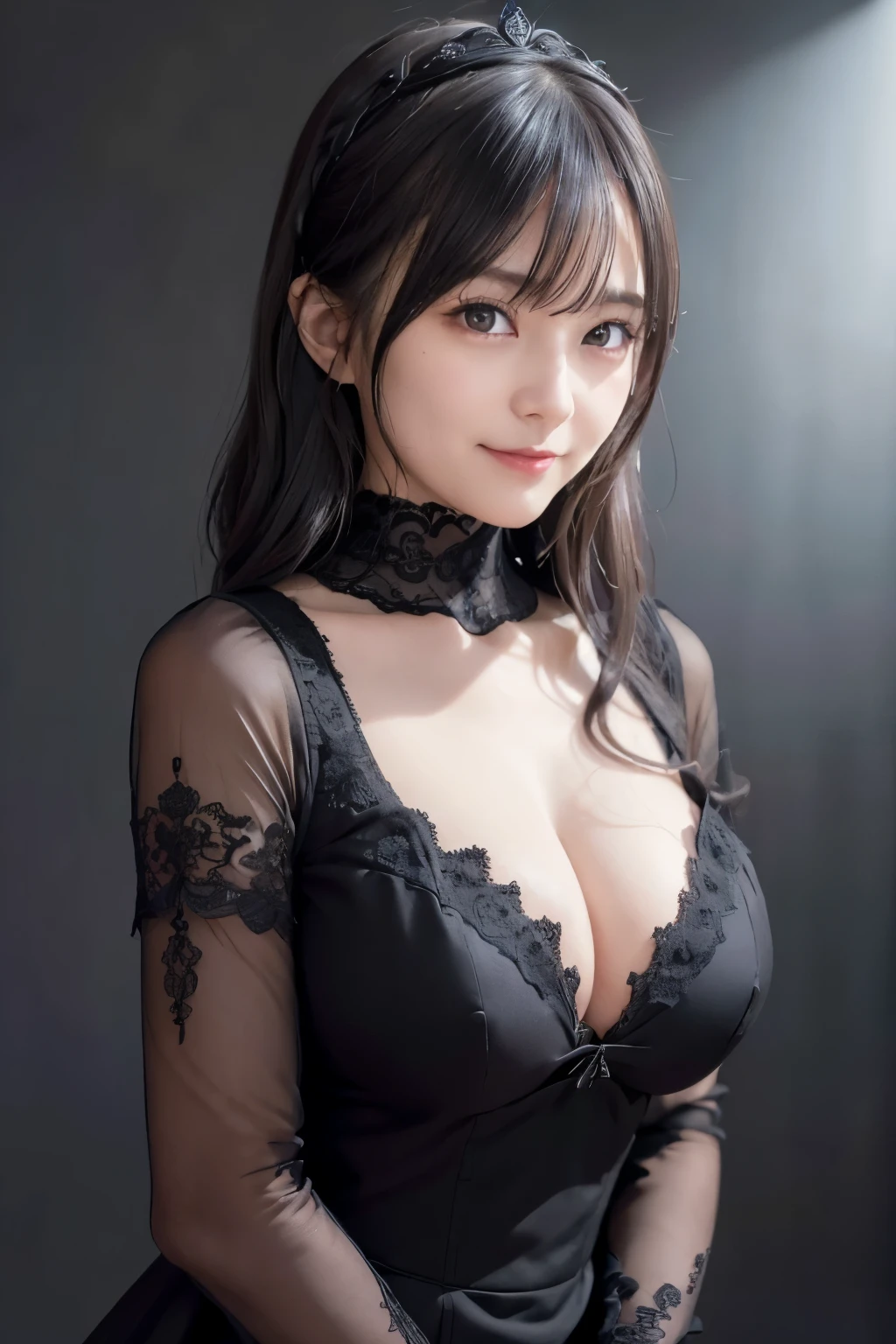 absurderes, masutepiece, Best Quality, nffsw, 1girl in, Mature Woman, (Sharp Focus), Villain's smile, medium breasts, (Hair on long black background), (grey  eyes), (Detailed eyes), Gothic lace costumes, Black and Red theme, Realism, Black_castle, Ultra-detailed, Vivid, Intricate details, Photorealistic