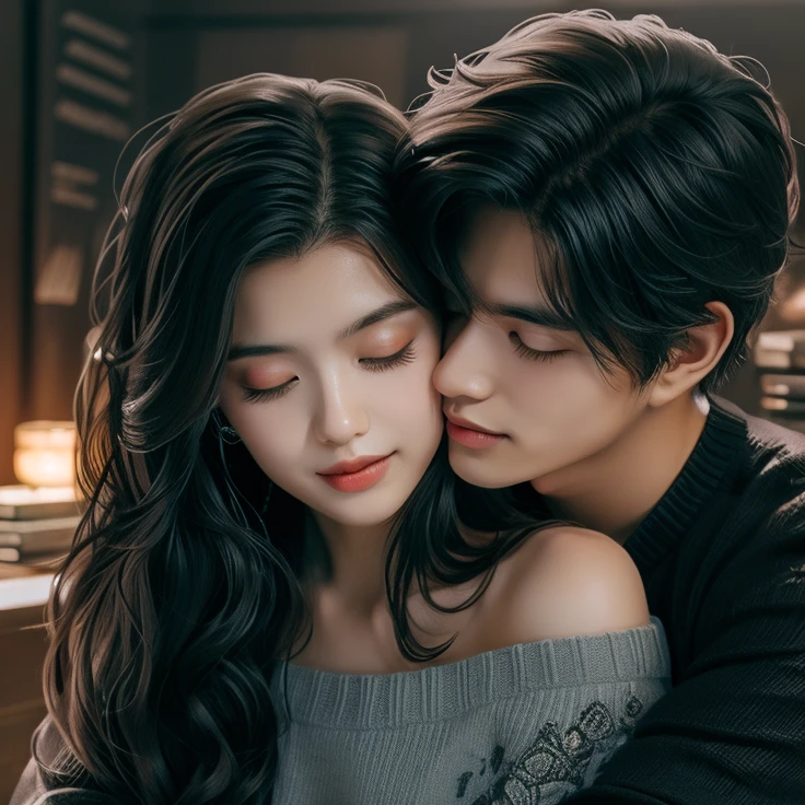 (1 girl), (1 boy), black hair, Man hugging a woman, (A man wearing a black gakuran and black pants), (Woman wearing a black sailor suit and black pleated skirt), cool guy, a cute girl, hug from behind, Man hugging a woman from behind, cinematic effect, romantic, mystical cool, correct pose, accurate human structure, high quality, high resolution, masterpiece.