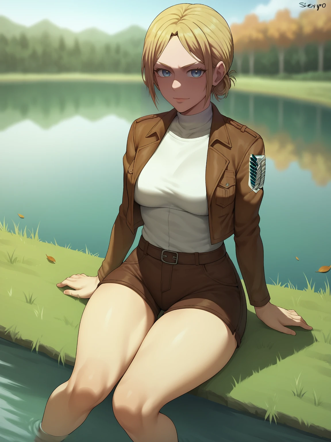 score_9,score_8_up,score_7_up, shexyo, shexyo style, attack on titan, annie leonhart, front view, thighs, thigh focus, leather shorts, white shirt, brown shorts, brown jacket, open jacket, outdoors, lake, grass, sitting on ground, sitting, nature, autumn, fall(season), by the lake, feet in lake, sexy, pond