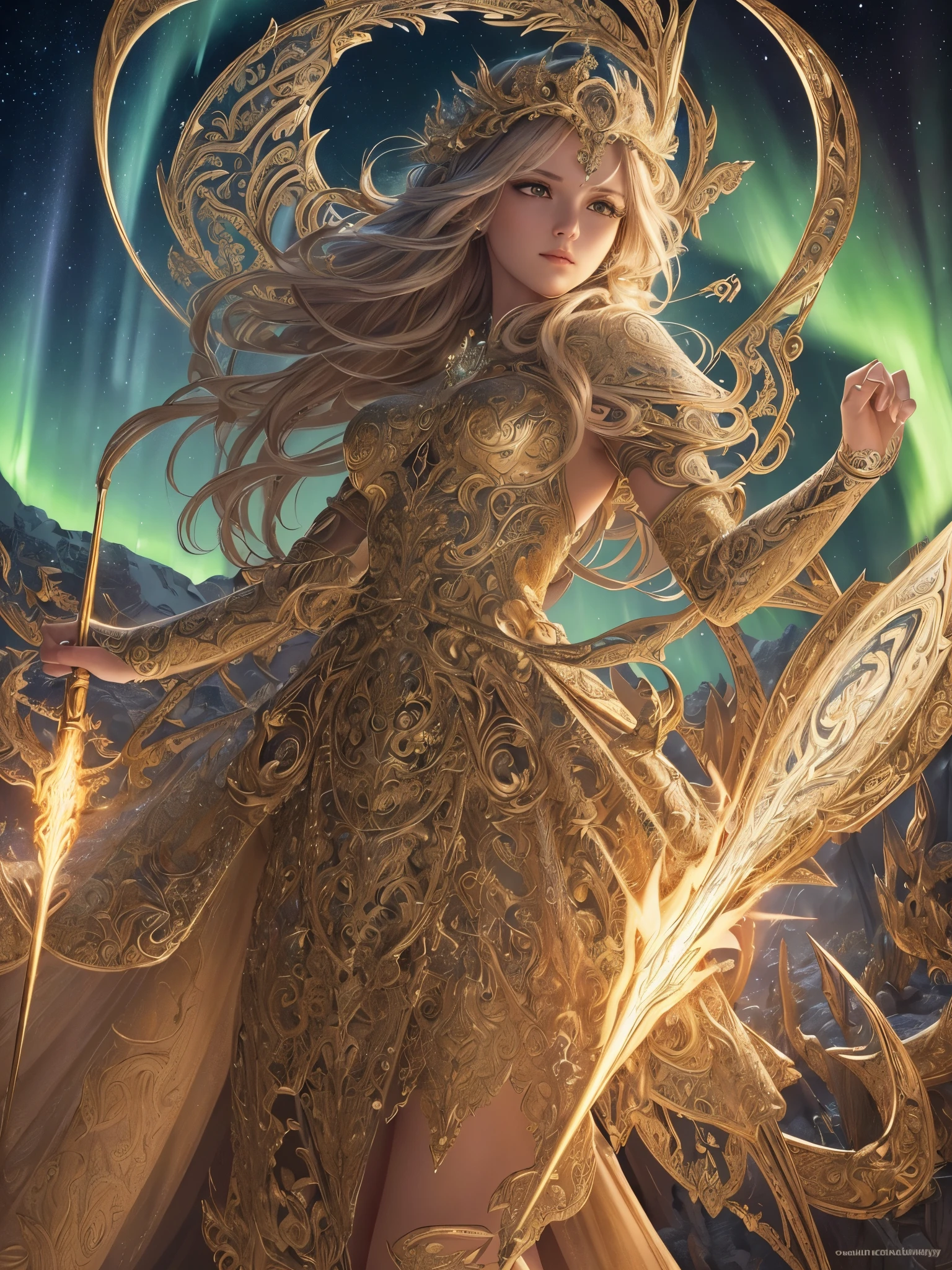 ((highest quality)),(ultra high resolution),(Super detailed),(detailed description),((best CG)),(best work of art),super precision art,amazing drawing art,(Fantasy art with intricate detail:1.5), A spear of light that pierces heaven and earth,Lightning emanating from the aurora cuts through the night sky,Angels blowing the trumpets of the end