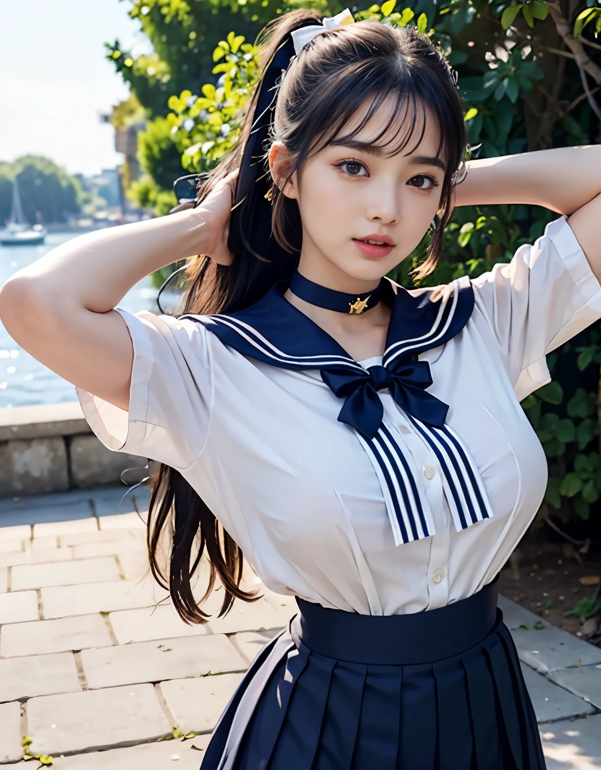 (((very heavy chest))),NSFW, 16k raw photos, highest quality, masterpiece, ultra high resolution, ((Beautiful exposed redShe is wearing (a high school sailor uniform).
(navy sailor collar:1.4),(white shirt:1.4),(navy pleats skirt:1.4),(navy bow:1.4))).movie, 1 girl,((attractive expression)),eyes shine、 looking at the viewer, natural skin texture very heavy chest))),((( metal black ribbon around the neck))).star handle mold、((yellow eyes)),Realistic eye and face details, lip whole, lipstick makeup), fluffy ponytail hair, laughter, Beautiful feet, tall woman, ((glowing skin)),((Beautiful armpit)), slim_feet, huge breasts, cleavage, beautiful natural places, beautiful flower garden、(detailed background,highly exposed, huge breasts, blurred background,, JK ribbon on the neck, jk ribbon, golden hair, bracelet, water, bangs, split your lips、armpit、beautiful hip line、glowing skin、(((eyes shine brightly))),lotion skin、High leg、((black hair)),highly exposed、Skimpy pink luxury fur coat、beautiful sea background、wind effect、