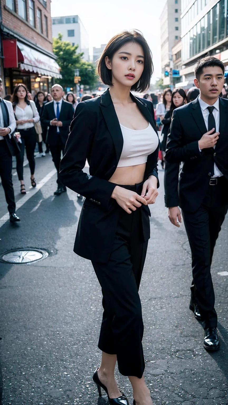 (Best quality, 8k, 32k, Masterpiece, UHD:1.2), 1girl, (on the St. Peter's Square of Vatican,crowd,navel),beautiy Japanese woman, narrow waist, grey suit, open jacket, office lady, (stick out one's buttocks:1.2), detailed face, short hair,