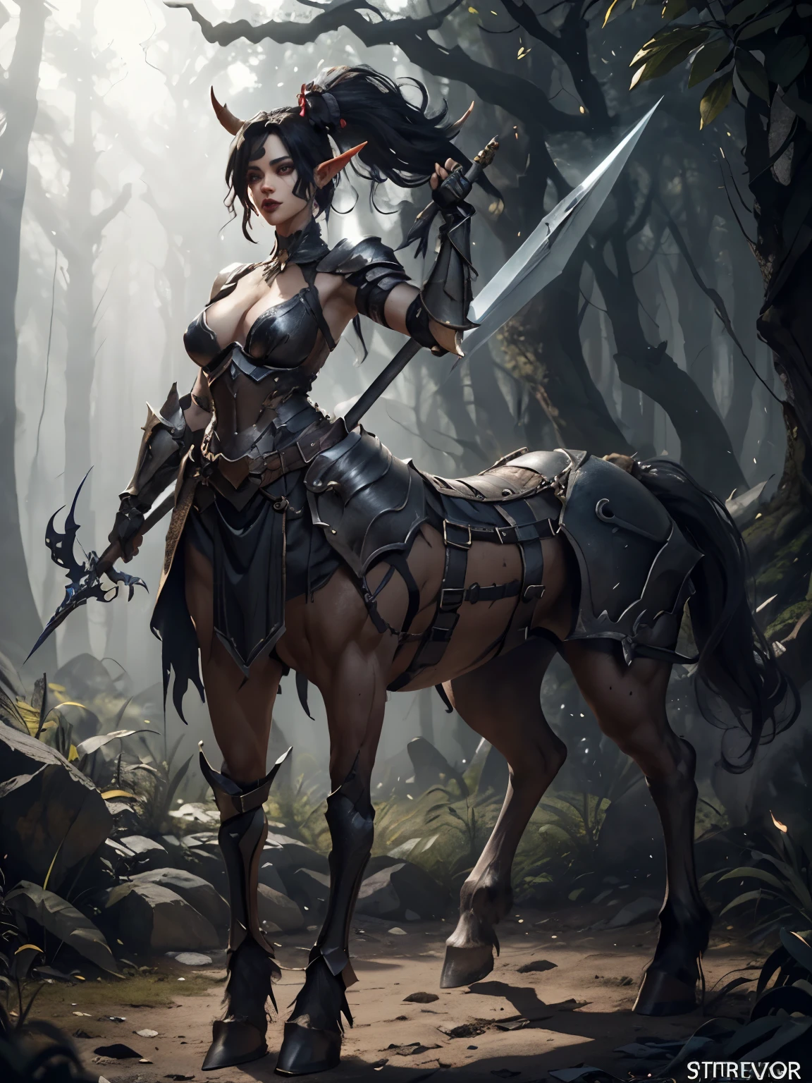 beautiful alluring centaur knight woman, horns, Tan skin, in a beautiful sun-drenched forest, Magic armor, Sinister gothic theme, Magic spear in hand, Fiverr Character DND, Octane render, digital art, extreme detail, 4K, Ultra HD, polished, Beautiful, Hyper detailed, difficult, Develop, meticulous, Photorealistic, sharp focus, VLP, character design, unreal engine, 3D rendering, volumetric lighting, Reflections, glossy, digital illustration, sensual pose, Suggestive pose, obscene, Full length shot, Anatomically correct, 💖❤💕💋❣