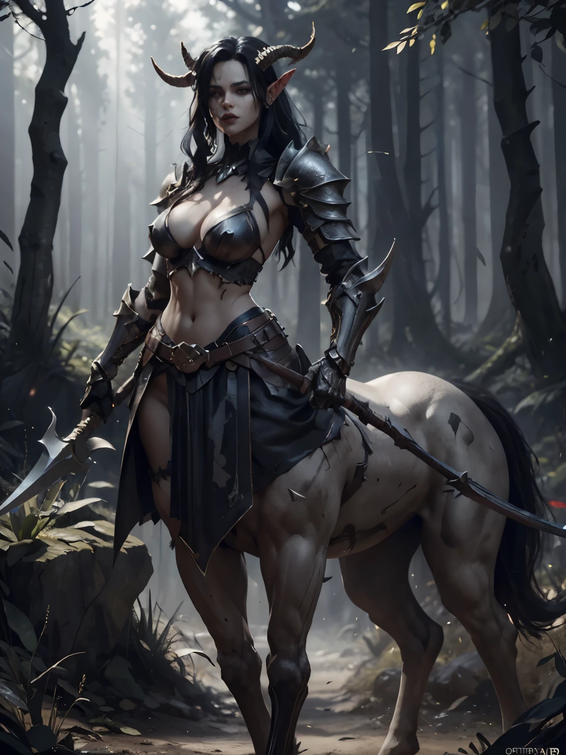 beautiful alluring centaur knight woman, horns, Tan skin, in a beautiful sun-drenched forest, Magic armor, Sinister gothic theme, Magic spear in hand, Fiverr Character DND, Octane render, digital art, extreme detail, 4K, Ultra HD, polished, Beautiful, Hyper detailed, difficult, Develop, meticulous, Photorealistic, sharp focus, VLP, character design, unreal engine, 3D rendering, volumetric lighting, Reflections, glossy, digital illustration, sensual pose, Suggestive pose, obscene, Full length shot, Anatomically correct, 💖❤💕💋❣