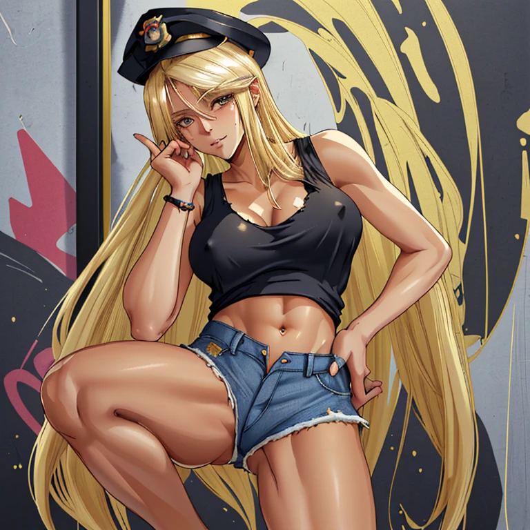 A beautiful blonde woman, long hair, tall body, beautiful anime face, face in love, super high quality, masterpiece, sexy lady, black police hat, white tank top, belly button visible, ripped denim shorts, crotch emphasis, sexy pose, nice body, one knee up, inviting gesture