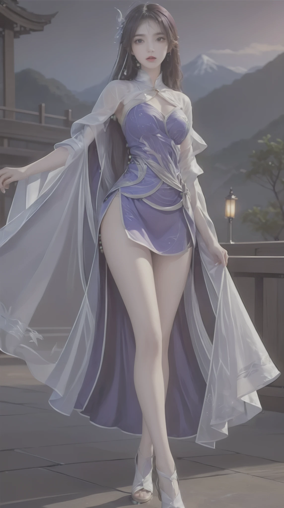 A woman wearing a purple skirt and white cloak posing for a photo, flowing magic robe, extremely detailed type germ, style type germ, style of type germ, fantasy robe, Most models | type germ, full body xianxia, Beautiful celestial mage, Beautiful charming anime woman, anime goddess, flowing robe, flowing robes