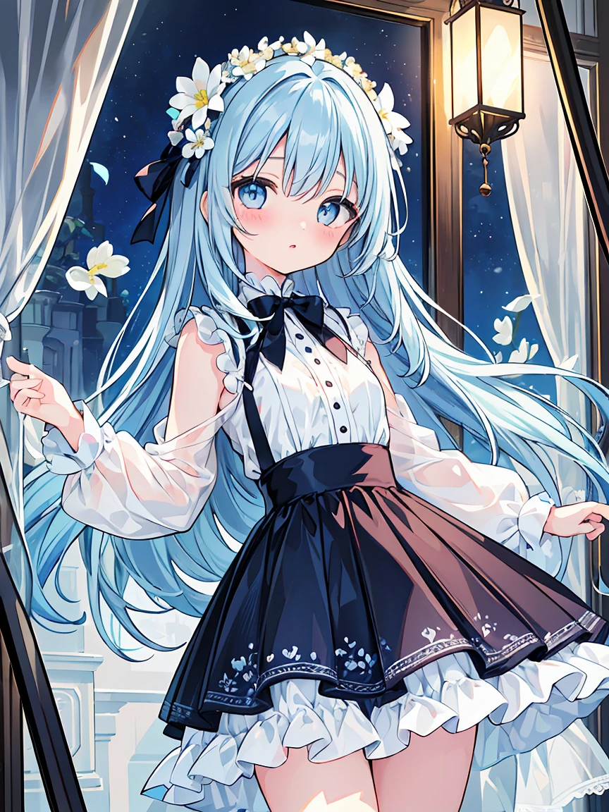 (ultra-intricate pupil in eyes, shiny eyes), long eyelashes, double eyelids, parted lips, kawaii, cute, , slender, (ultra delicate and beautiful skin), , perfect anatomy, dynamic angle, BREAK (masterpiece, best quality), (ultra-detailed 8K), (perfect design), absurdres, highres, ((blush)), (super fine illustration), ((light blue long hair))), 10 years old, long hair ((blush)), masterpiece, best quality, (amazing,blunt bangs), high resolution, cute face, masterpiece, best quality, extremely detailed, anime, beautiful girl,light blue hair, wind, solo, depth of field, masterpiece, best quality, extremely detailed, (PHOTO BACKGROUND: 1.3), SMALL BREASTS,(Master photography:1.4),(Beautiful and delicate girl:1.2),Beautiful and delicate eyes,serene visuals,Wearing a broken flower skirt,Florist at night,Shop window,Flowers in full bloom,Quiet,(textured skin:1.3),(Hasselblad:1.2),ray tracing,(UHD:1.1),8k,
