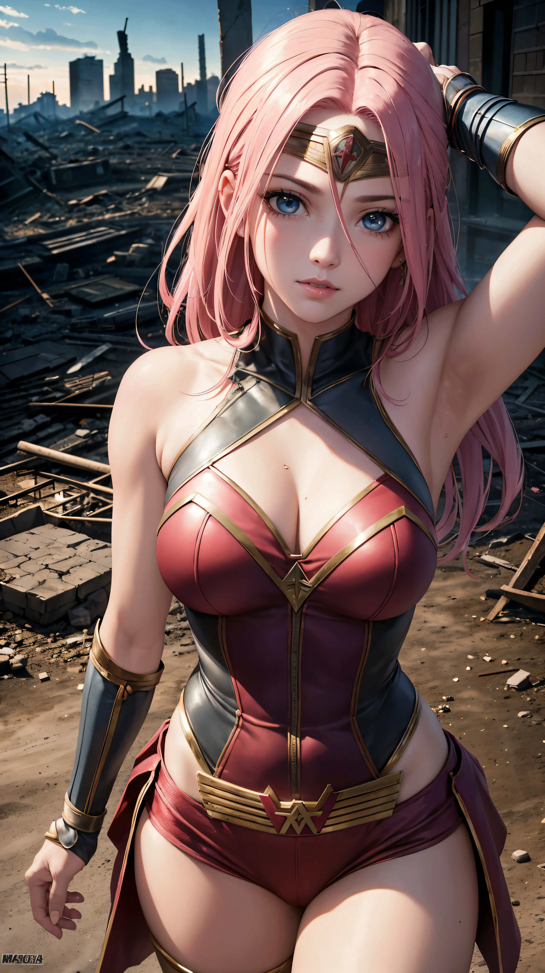 Sakura Haruno como Wonder Woman, DC Comics, extremamente realista,8K mais detalhado.motor irreal:1.4,Ultra HD,La Melhor qualidade:1.4, fotorrealista:1.4, textura da pele:1.4, Obra-prima:1.8,obra-prima, Melhor qualidade,objeto Objeto], (Recursos faciais detalhados:1.3),(manos detalhado:1.4),(Apocalyptic Destroyed City Al:1.4)