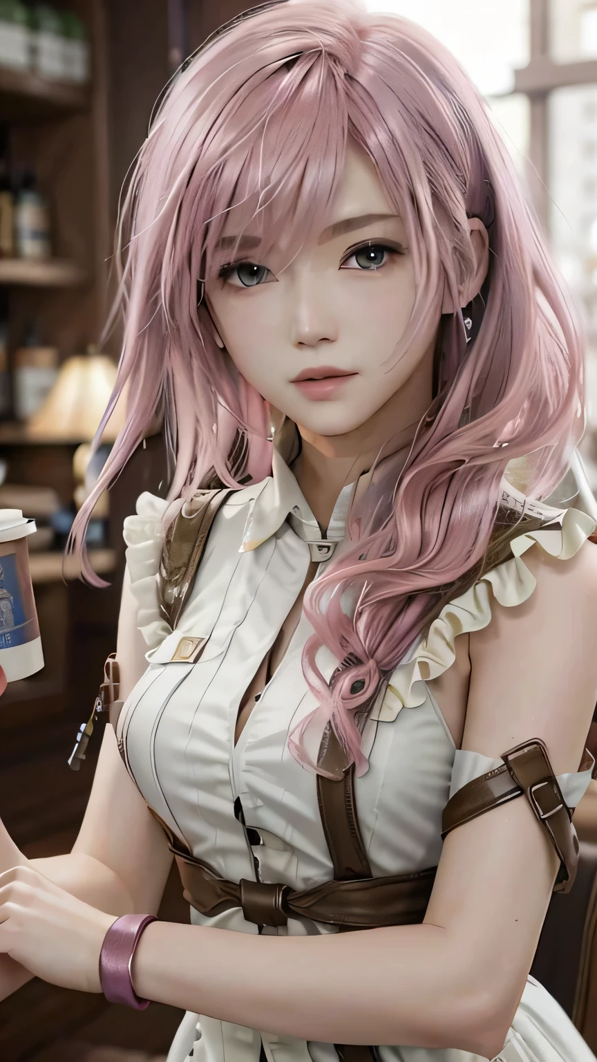 (masterpiece, highest quality:1.3)
 1 girl, alone, so beautiful、long hair, pink hair、waitress、coffee shop
