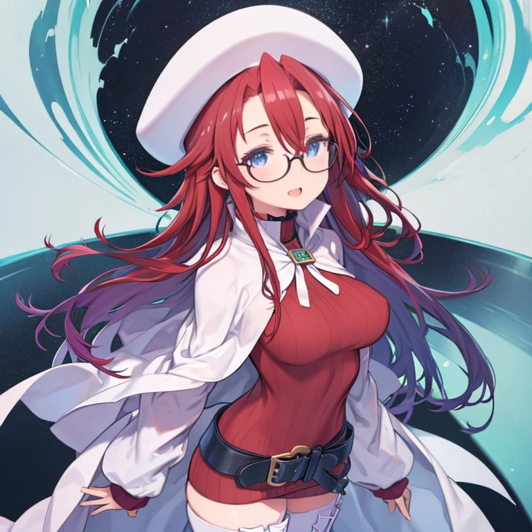 masterpiece, highest quality, (aty, long hair, blue eyes, red hair、hair between eyes)、long hair, thighhighs, hat, dress, boots, glasses, belt, cape, sweater, zettai ryouiki, beret, thigh boots, white footwear, ribbed sweater, loose belt、(big breasts)、grassland、((Woman surrounded by children))、female teacher、laughing woman、angle from the side、