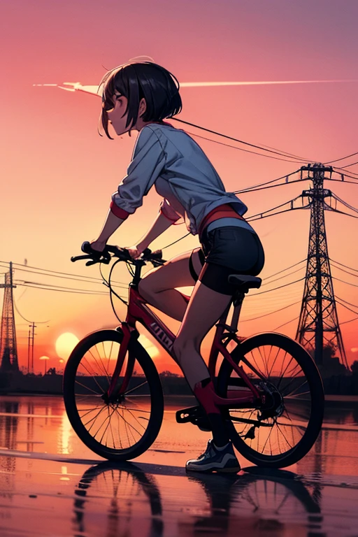 a girl rides a bicycle, in running shorts, short shorts, road with power towers in the background, inspired by Simon Stalenhag, nuclear art, red skies, anime aesthetic, suburban, ufology
