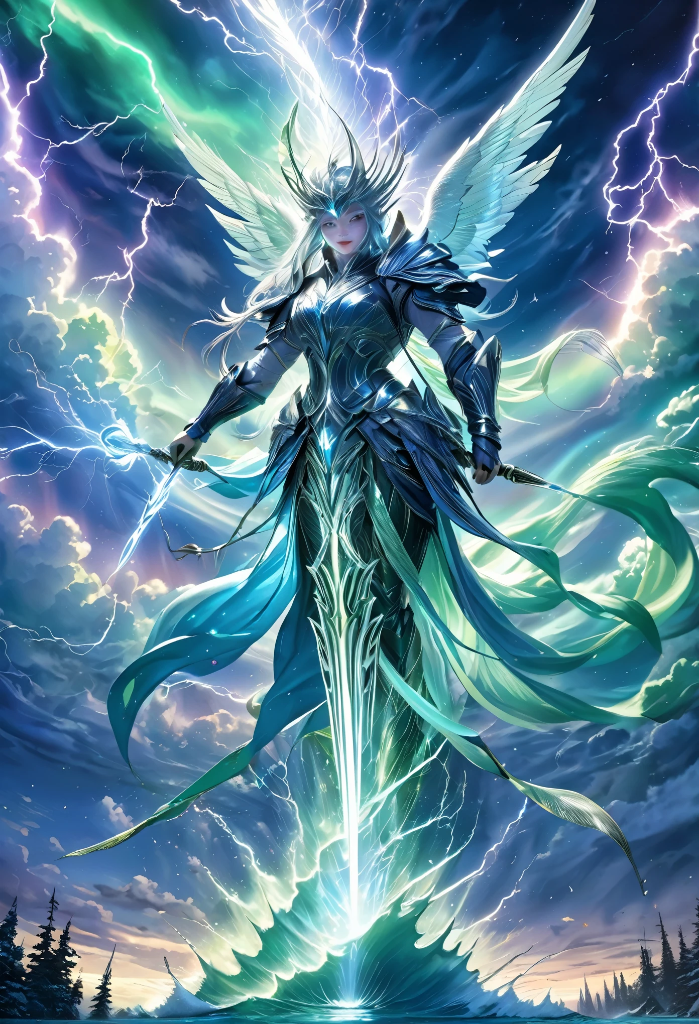 ((highest quality)),(ultra high resolution),(Super detailed),(detailed description),((best CG)),(best work of art),super precision art,amazing drawing art,(Fantasy art with intricate detail:1.5), A spear of light that pierces heaven and earth,Lightning emanating from the aurora cuts through the night sky,Angels blowing the trumpets of the end