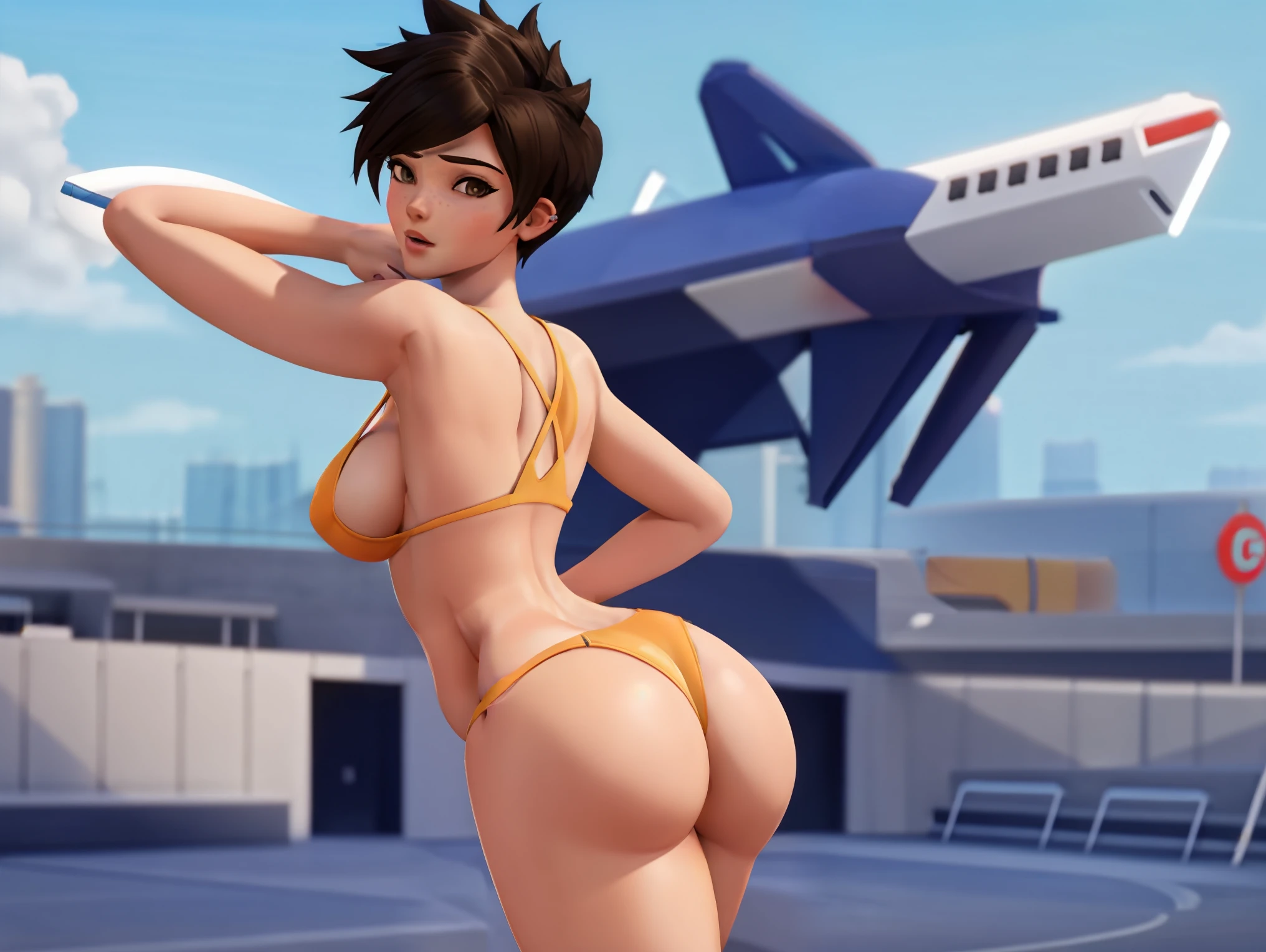 Tracer is doing a porn photoshoot. sexy pose. micro_bikini. pussy_outline, nipples, thicc_ass, young, tee, slut, pornstar, sex. gangbang. naked. nude. slut. nsfw