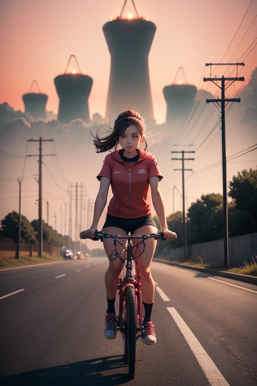 a girl rides a bicycle, in running shorts, short shorts, road with power towers in the background, inspired by Simon Stalenhag, nuclear art, red skies, anime aesthetic, suburban, ufology