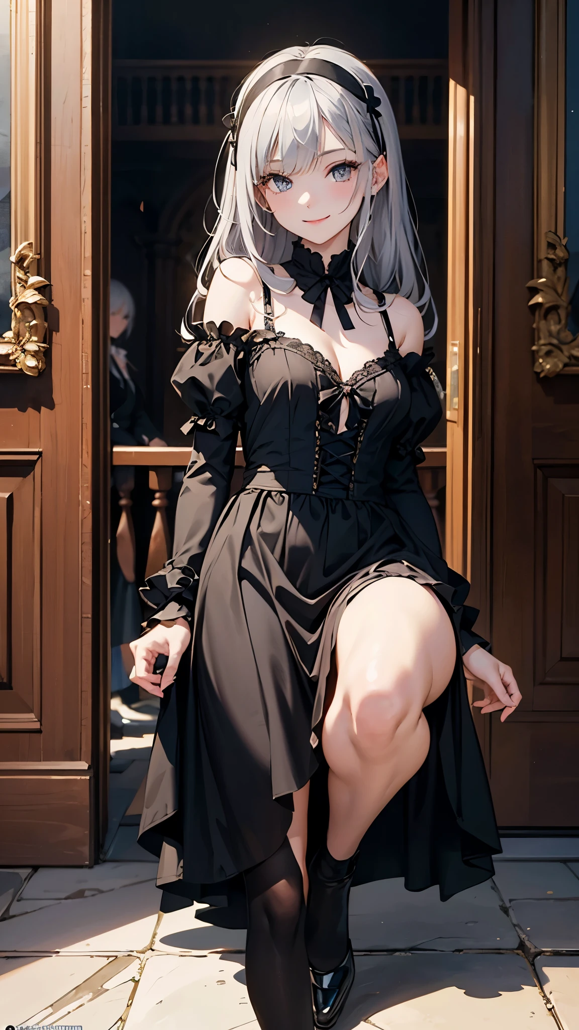 (masterpiece、official art), (1 woman), (attractive woman), ((famous paintings、highest quality)), 8K, ((28 years old)), ((silver hair)), long hair, bangs, messy hair, attractive woman, black eyes, big shining eyes, Beautifully drawn eyes, smile, small bust, Black Gothic Maid Clothes, white headband, long skirt, ((wink))、((Knee to head)), entrance to the mansion, great illustrations、