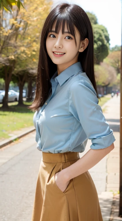 ((highest quality,8K,masterpiece:1.3)),woman posing for a photo,  Japanese, 24 year old female model, small breasts、bangs、black haired、middle hair、long hair、straight hair、(Light blue cutter shirt,flare skirt:1.2),Slim figure、small breasts、laughter、The background is an empty park、beautiful feet、