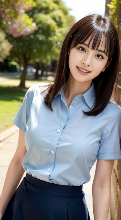 ((highest quality,8K,masterpiece:1.3)),woman posing for a photo,  Japanese, 24 year old female model, small breasts、bangs、black haired、middle hair、long hair、straight hair、(Light blue cutter shirt,flare skirt:1.2),Slim figure、small breasts、laughter、The background is an empty park、beautiful feet、