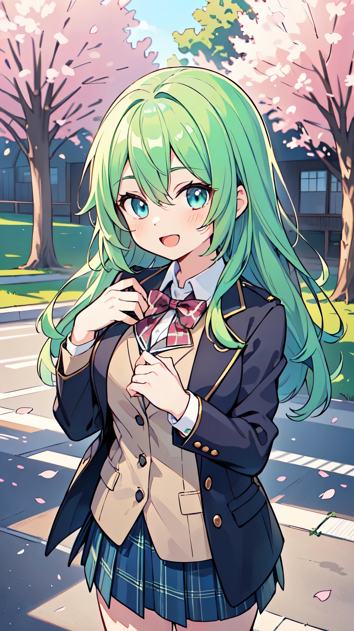 ((A Pretty High School girl with green hair and blue eyes)), ((wearing blazer uniform and plaid skirt)), , ((master piece, top-quality, ultra-definition, high resolution)), anime girl, ((ultra-detailed illust:1.2)), only one person, bangs, hair between eye, beautiful hair, Shiny eyes, Medium breasts, Big smile, opened mouth, cherry trees, schoolyard