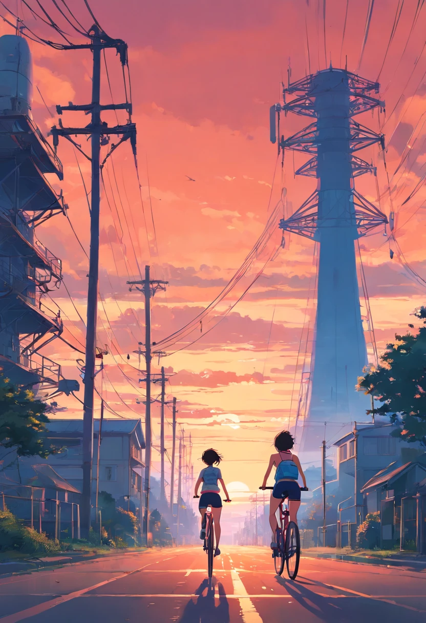 a girl rides a bicycle, in running shorts, short shorts, road with power towers in the background, inspired by Simon Stalenhag, nuclear art, red skies, anime aesthetic, suburban, ufology
