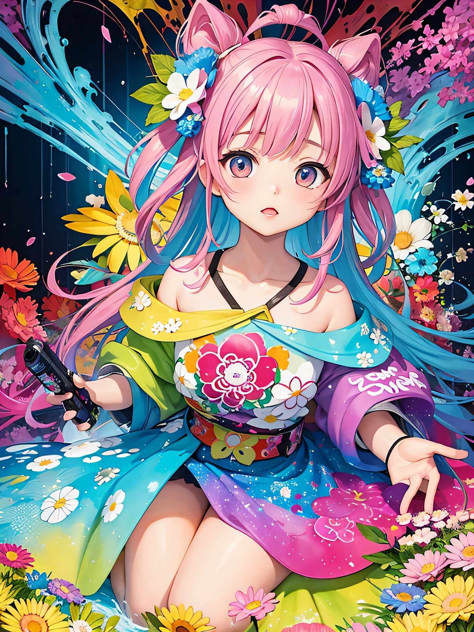 Aikaze Yazawa、8K quality, Takashi murakami'illustration of, intense watercolor, watercolor detailed art, watercolor splash, surreal, avant-garde pop art, Beautiful and expressive paintings, beautiful artwork illustration of, very colorful tones, wonderful, cool beauty, highest quality,official art, vector art,stylish design, ((most beautiful girl ever))), (((highest quality))), HDR, ((Detailed details)), (((graffiti art))), ((masterpiece))、((Super detailed))、(((colorful flowers)))、(((futuristic cityscape)))