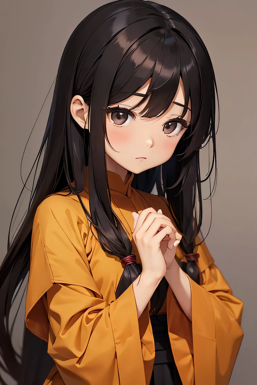 Simple monk clothing,brown,woman,Long hair,Hands together,black eyes,yellow skin,Two-dimensional style,Lovely,delicate,Monk,loli