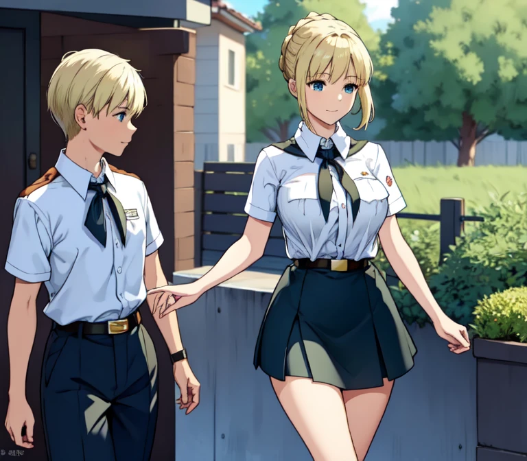 one very young slim fit girl, full height, rounded face, big blue eyes, shy smile, perfect huge breasts, pioneer neckerchief, micro tight blue pleated skirt, bangs, tight white shirt, short sleeves, collared shirt, belt, red neckerchief, breast pocket, braid, hair ribbon, blue ribbon, short curly fluffy blonde hair, saber