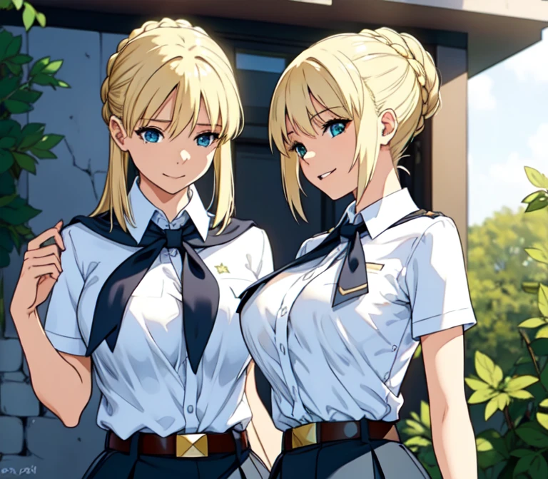 one very young slim fit girl, full height, rounded face, big blue eyes, shy smile, perfect huge breasts, pioneer neckerchief, micro tight blue pleated skirt, bangs, tight white shirt, short sleeves, collared shirt, belt, red neckerchief, breast pocket, braid, hair ribbon, blue ribbon, short curly fluffy blonde hair, saber