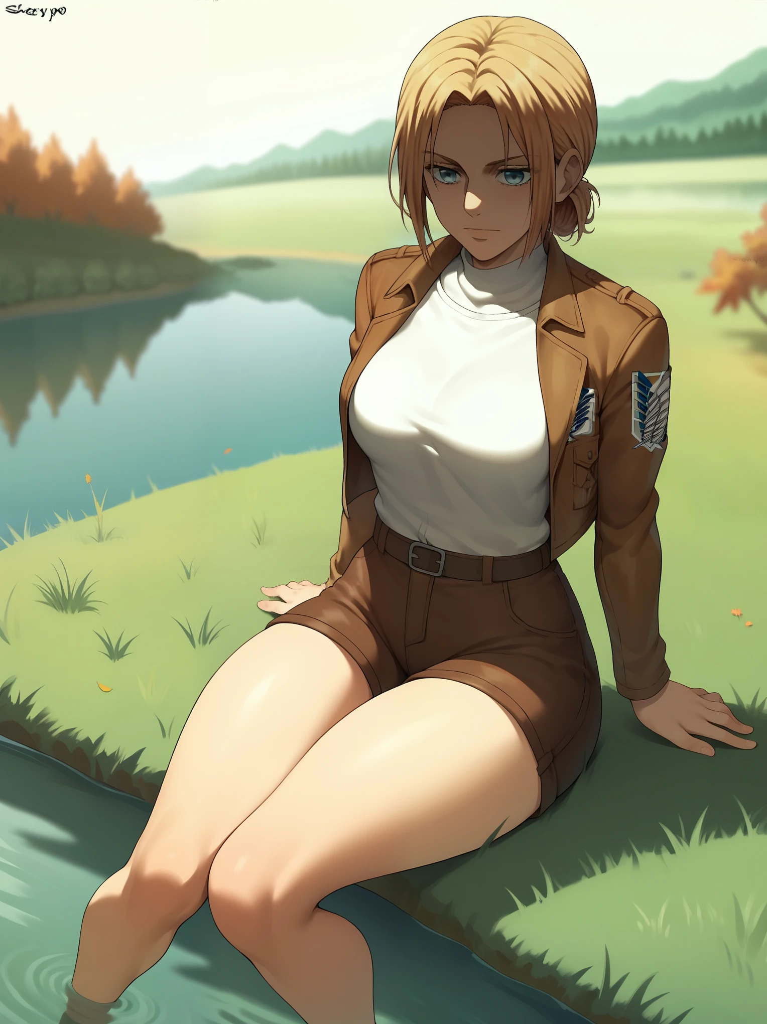 score_9,score_8_up,score_7_up, shexyo, shexyo style, attack on titan, annie leonhart, front view, thighs, thigh focus, leather shorts, white shirt, brown shorts, brown jacket, open jacket, outdoors, lake, grass, sitting on ground, sitting, nature, autumn, fall(season), by the lake, feet in lake, sexy, pond