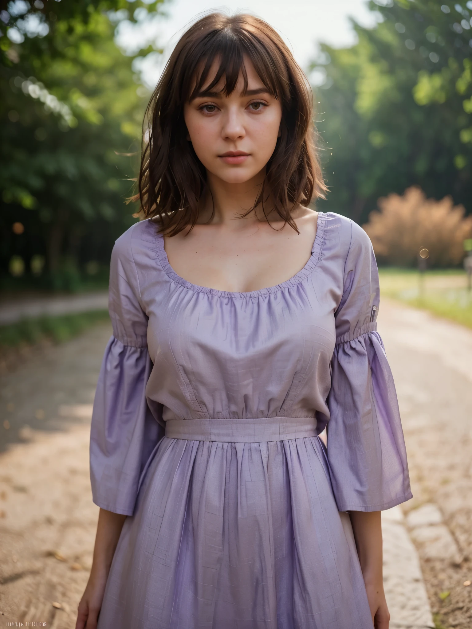 A stunning intricate full color portrait of (sks woman:1), wearing a lavender dress with bell sleeve, plain background, epic character composition, by ilya kuvshinov, alessio albi, nina masic, sharp focus, natural lighting, subsurface scattering, f1.8, 35mm, film grain, black bob hair, messy hair, sexy haircut