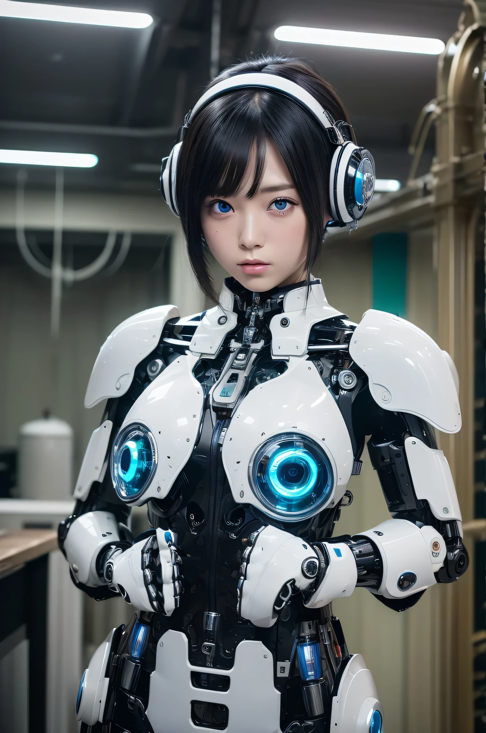masterpiece, Best Quality, Extremely detailed, 8K Portrait,Japanese android girl,Plump,control panels,android,Droid,Mechanical Hand, ,Robot arms and legs, Black hair,Mechanical body,Blunt bangs,Charging spot,mechanical ear covers,android,robot humanoid,White robot body,mechanical ear covers,White and aqua uniform,aqua accent costume,mittens,blue eyes