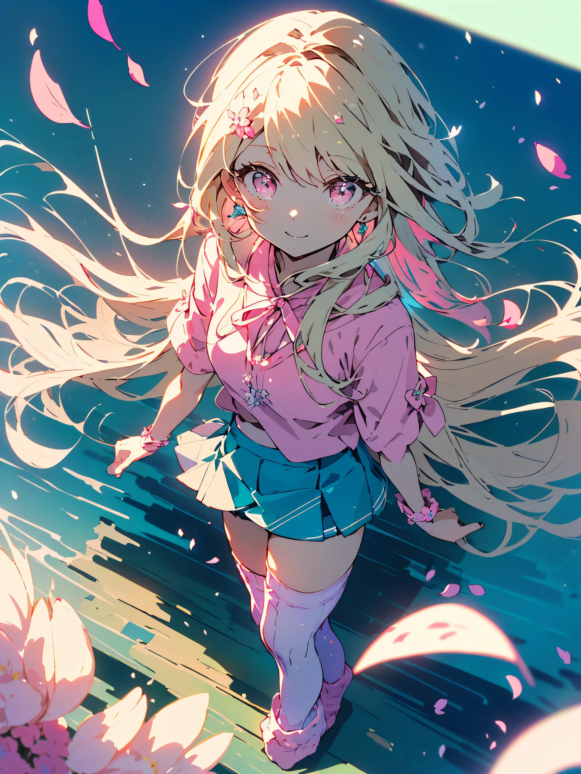 (highest quality、masterpiece、High resolution、detailed),(Shining eyes、detailed beautiful face), (1 girl、pink eyes:1.4), (Composition viewed diagonally from above:1.8)、(colorful overknee socks:1.9),(detailed cute face), lighting,bust shot,very detailed、 8K wallpaper,(blonde:1.9,side tail:1.4、pink inner color)、(cute spring fashion、mini skirt:1.9),smile,intricate skirt,((flying petals)),(flowering meadow), (blue sky:1.3), (bright theme:1.3), light, (cute background 1.5,cute pose:1.4),beautiful anime:1.4、dynamic angle