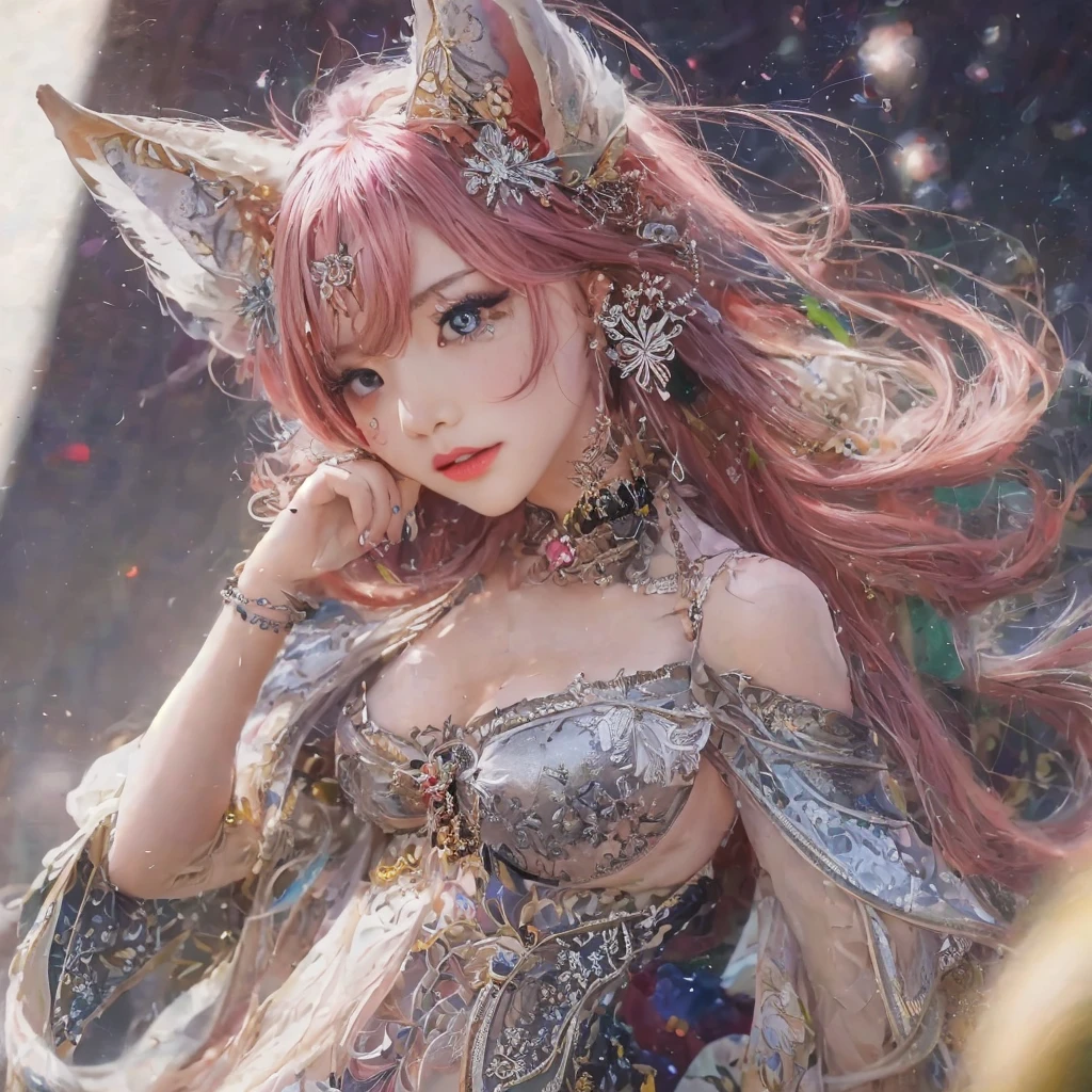 yae_miko, 1girl, pink hair, long hair, hair ornament, purple eyes, fox ears, earrings, jewelry on the chest, bare shoulders, detached sleeves, yae miko's clothes, (bare legs), high heels, medium breast, (realistic:1.2), (realism:1.2), (masterpiece:1.2), (best quality), (ultra detailed), (intricate), (85mm), light particles, lighting, (highly detailed:1.2), (gradients), sfw, colorful, (detailed background), (rule of third_composition:1.3), (Line of action:1.2), wide shot, daylight, solo.