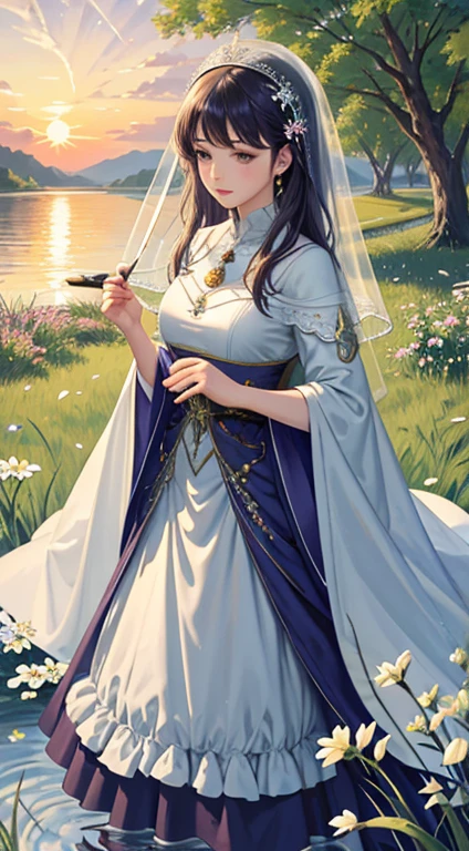 ((best quality)),((masterpiece)),(detailed),(Highly detailed),ultra high res,1girl,mature female,solo,flowing hair,mystical makeup,medium breasts,veil,long robes,vibrant purple cloak,black legwear,hair ornament,brooch,bangle,beautiful and delicate water, the finest grass, very delicate light, nature, painting, water spray, breeze, flowers and grass meadow, near the water edge, (sunset, starry sky in a circle), randomly distributed clouds, river, splashing water, falling petals