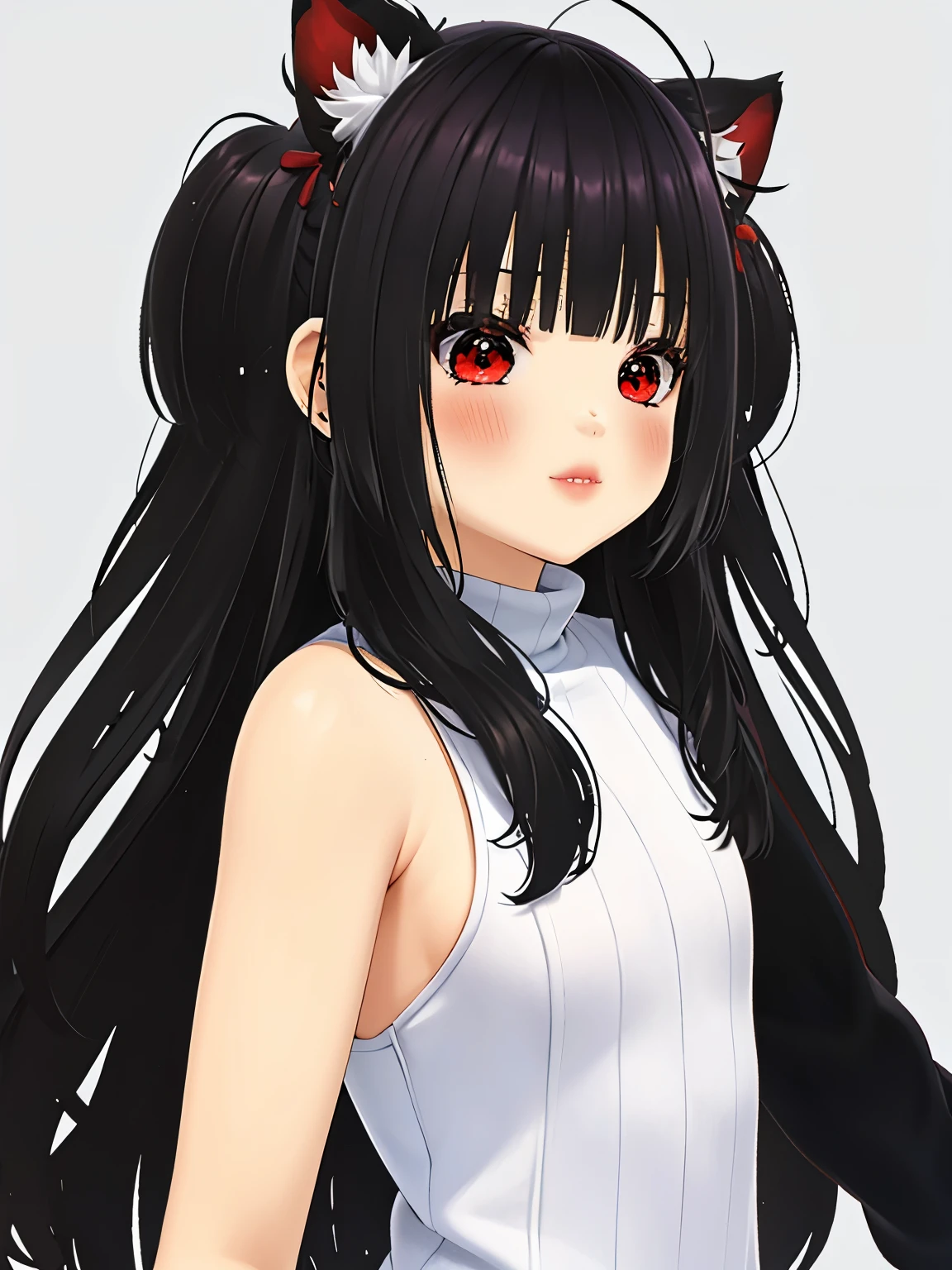 obra maestra,of the highest quality,high resolution ,1 chica,rapid eye movement, re cero, ,((long hair slightly wavy slightly past the shoulders, black bangs, small black pigtails on the sides, cute cat ears, beautiful thin red eyes)),,pechos grandes,piel blanca,((sweater, transparente)),((raya)),((sweaterのみ)),sonrisa, orejas de animales, Chemomimi, felicidad, hombros descubiertos,magnificent々nuevo,lindo,((sosteniendo un cartel blanco con los brazos extendidos, carteles blancos))