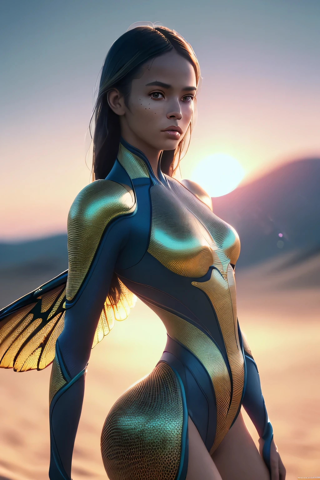 (masterpiece), (very complicated:1.3), (realistic), girl portrait, the most beautiful in the world, (insect-like wings), scale powder reflection, fashion model posing, outdoor, intense sunlight, distant dune, Stunning female professional photo details, sharp focus, dramatic, Award history, cinematic lighting, Octane Rendering Unreal Engine, volumetrics dtx, (film grain, blurred background, blurred foreground, Bokeh, Depth of the bounds written, sunset, motion blur:1.3), thin blue clothing